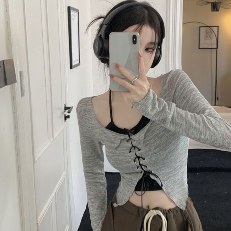 Áo Hai Dây Dệt Kim Tay Dài Thời Trang Mùa Thu Quyến Rũ Cho Nữ