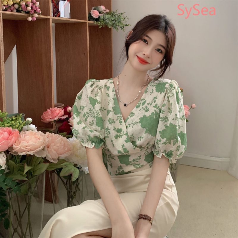 Áo Kiểu Cổ Chữ V Hở Lưng Thắt Nơ Họa Tiết Hoa Nhí Xinh Xắn Thời Trang Hè Cho Nữ