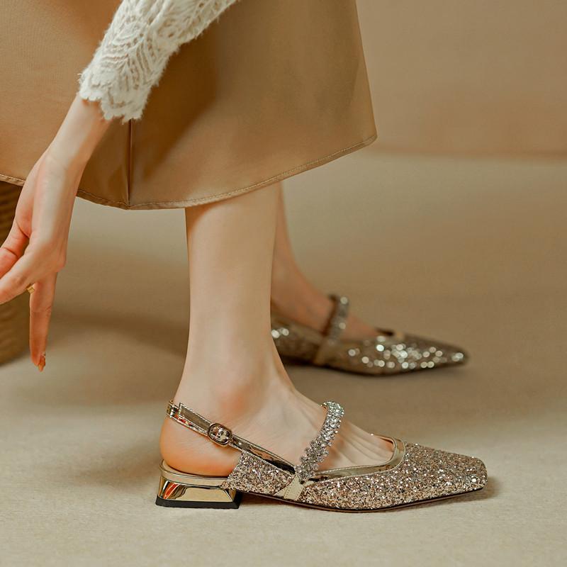 Giày Sandal Mũi Vuông Gót Dày Hở Ngón Mary Jane Đính Kim Sa Pha Lê Lấp Lánh Dễ Phối Đồ Phong Cách Pháp Cho Nữ