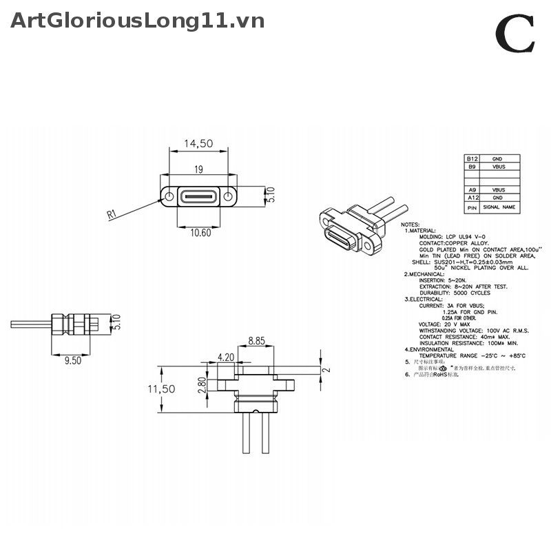 Giao Diện Sạc Nhanh ArtGloriousLong Type C 2 Pin Cổng female Chống Thấm Nước