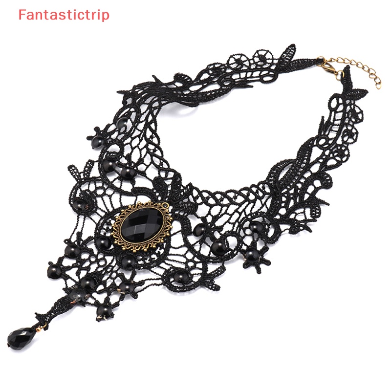 [Fantastictrip] Vòng Cổ Choker Ren Đen Đính Hạt Đá Quý Quyến Rũ Phong Cách Gothic Quà Tặng Đẹp Cho Phụ Nữ