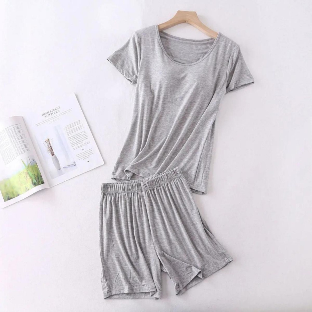 Bộ Đồ Ngủ Tay Ngắn Mỏng Màu Trơn Có Miếng Lót Ngực Mẫu Mới 2023 Thời Trang Mùa Hè Cho Nữ
