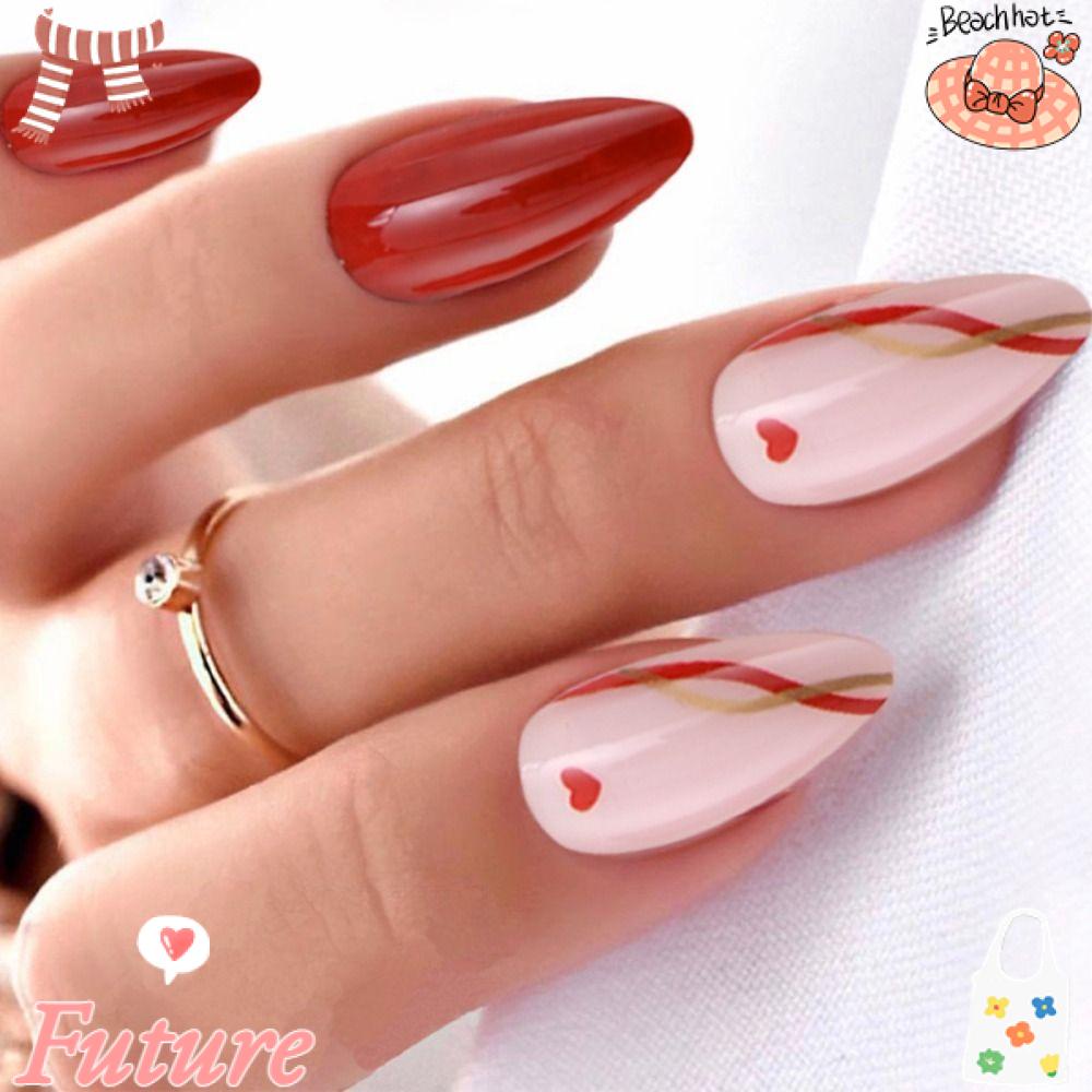 Bộ 24 Móng Tay Giả Màu Đỏ Họa Tiết Trái Tim Phong Cách Pháp