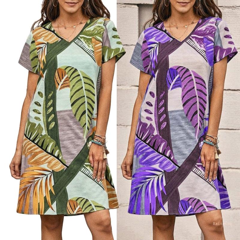 Đầm Thun Ngắn Tay Dáng Xòe In Họa Tiết Hoa Phong Cách Boho Thời Trang Mùa Hè Cho Nữ