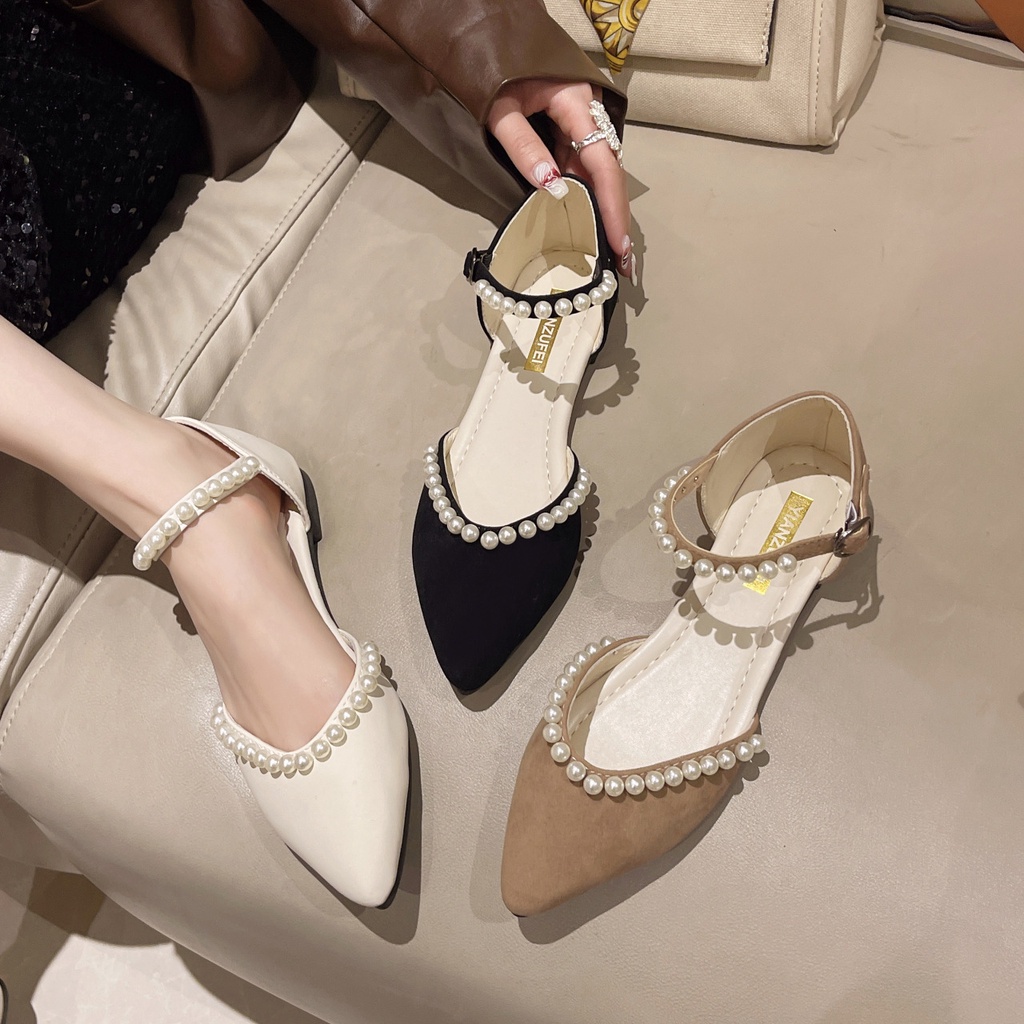 Sandal Mũi Nhọn Đế Bằng Đính Ngọc Trai Phong Cách Thời Trang Mới Dành Cho Nữ