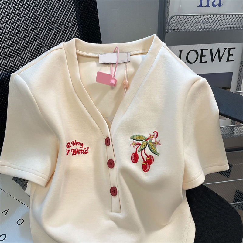 Áo Thun Tay Ngắn Cổ Chữ V Dáng Rộng In Hình Quả Cherry Thời Trang Mùa Hè Cho Nữ