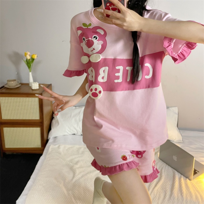 Bộ Đồ Ngủ In Họa Tiết Hoạt Hình Dễ Thương Phong Cách Hàn Quốc Thời Trang Mùa Hè Thu Cho Bạn Gái