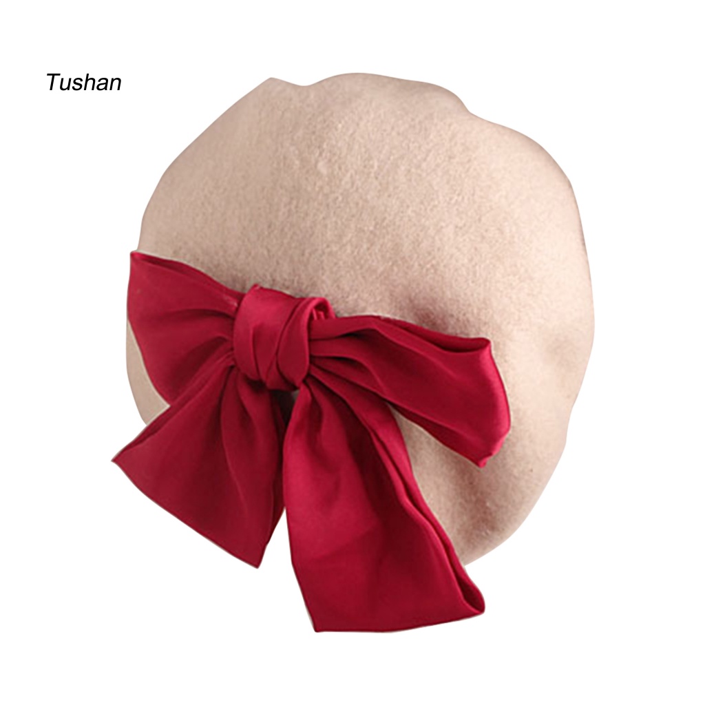 Mũ Beret Màu Trơn Giữ Ấm Thắt Nơ Đỏ Dễ Thương Cho Bé Gái 2-6 Tuổi