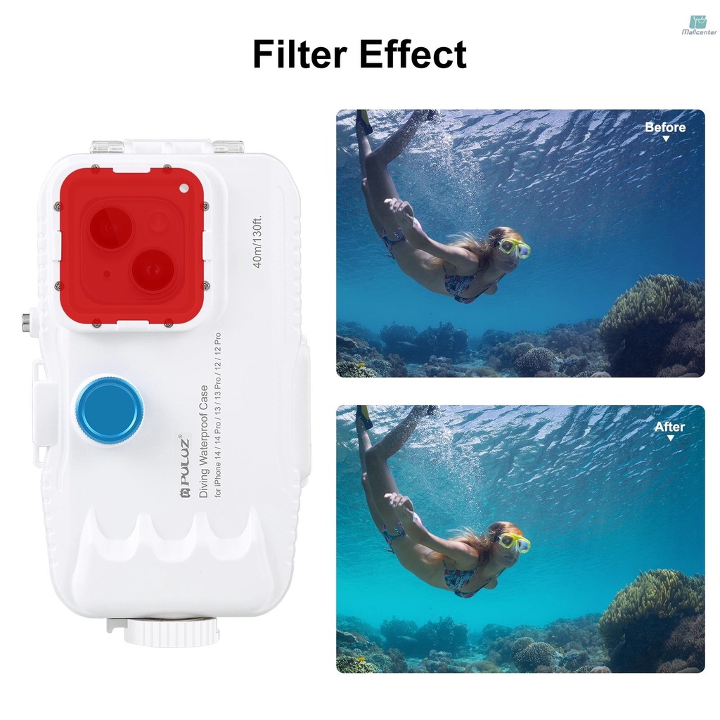 PULUZ 40M/131ft Waterproof Phone Case Diving Case Smartphone Underwater Housing Protective Case with Red Filter Neck Strap Cleaning Cloth Replacement for iPhone 14/iPhone 14 Pro/ iPhone 13/ iPhone 13