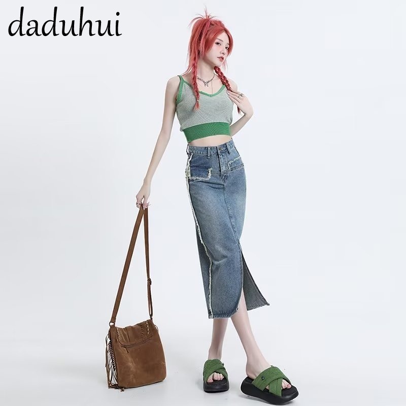 Daduhui New Korean Version of Ins Retro Raw Edge Slit Denim Skirt High Waist Loose A Word Long Skirt Bag Hip Skirt