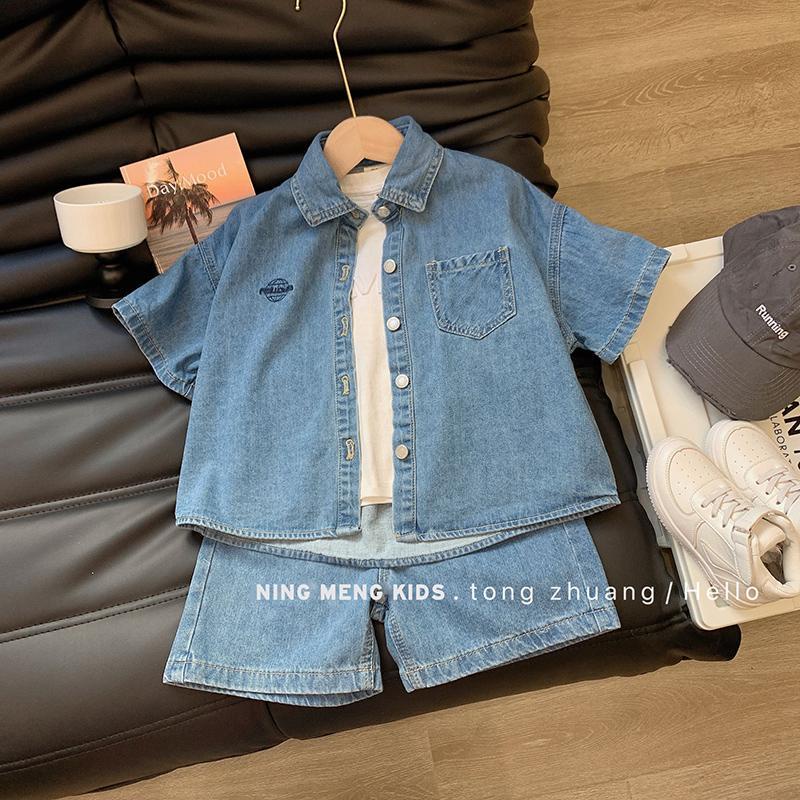 Bộ Áo Sơ Mi Denim + Quần Short Phong Cách Hàn Quốc Thời Trang Mùa Hè Cho Bé Trai