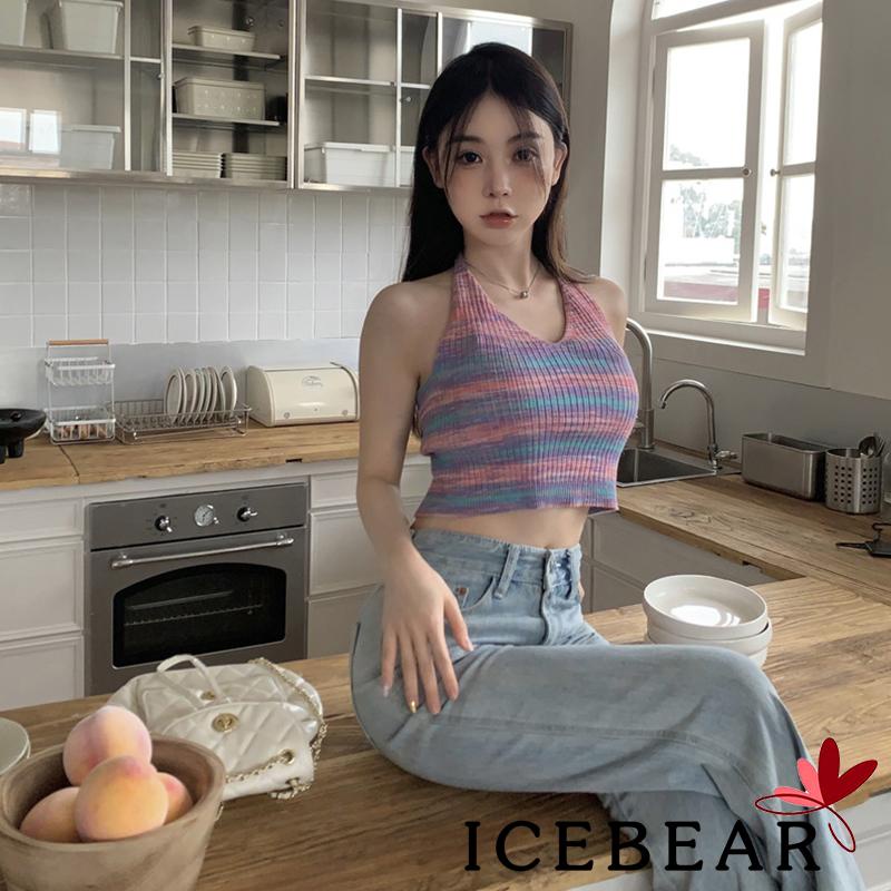 Áo Croptop Dệt Kim Không Tay Dây Chéo Lưng In Họa Tiết Kẻ Sọc Cho Nữ