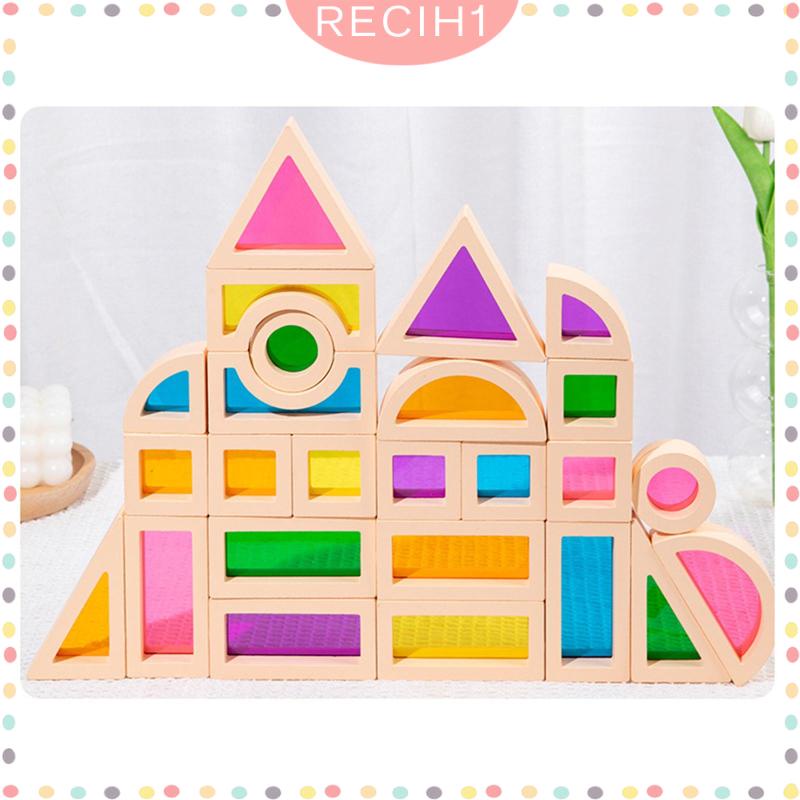 Bộ 25 Khối Gỗ Xây Dựng Hình Học Màu Cầu Vồng Dành Cho Trẻ Em 3-5 Tuổi