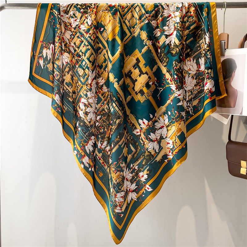 Khăn Choàng Vuông 110cm Vải Satin Họa Tiết Hoa Thời Trang Mùa Hè