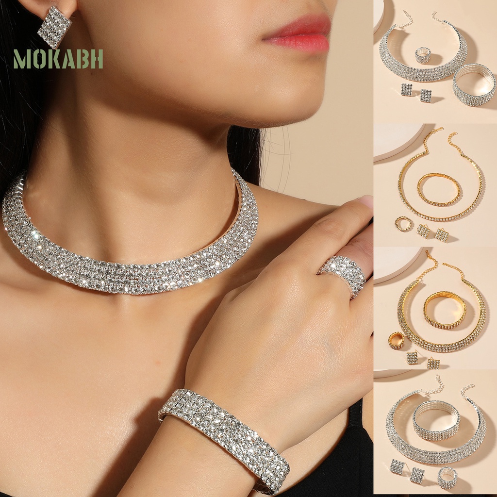 Bộ Trang Sức 4 Món Gồm Vòng cổ / Nhẫn / Bông Tai / Vòng Tay Mở Rộng Điều Chỉnh Được Nhiều Hàng Đính Đá