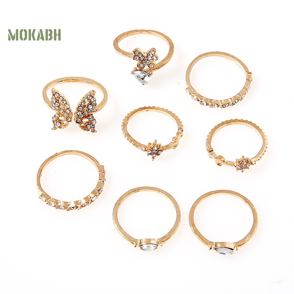 Set 8 Nhẫn Đeo Khớp Ngón Tay Họa Tiết Bướm / Hoa Đính Đá Tinh Tế Cho Nữ