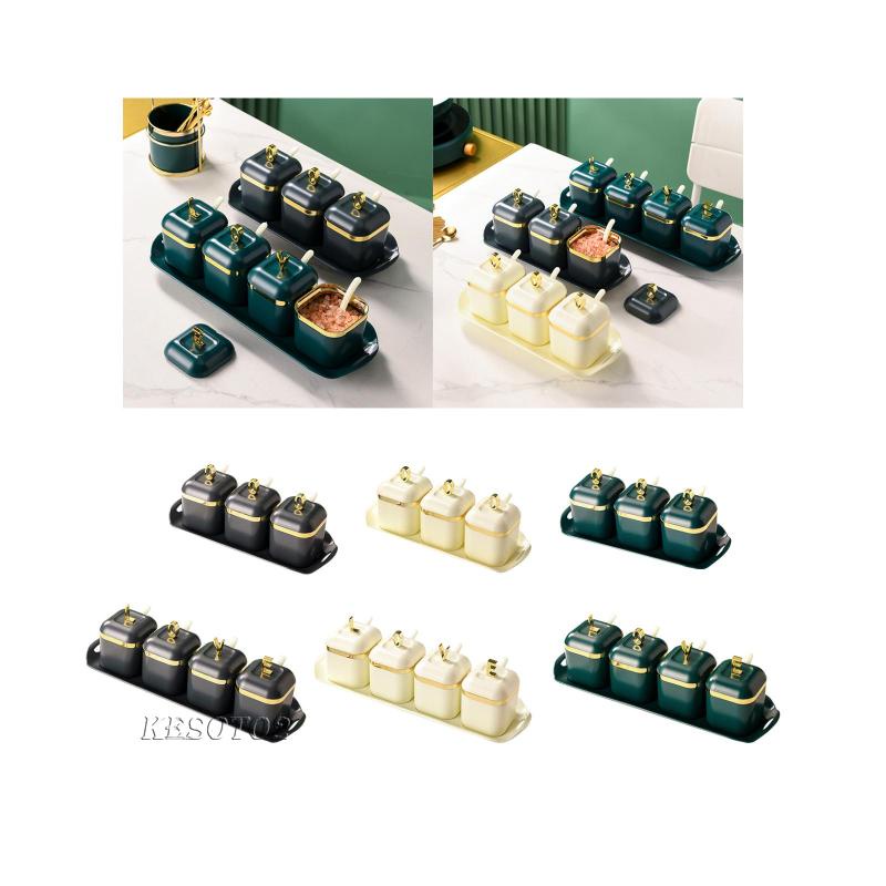 Bộ 2 Hũ Đựng Gia Vị Bằng Sứ Kèm Khay Và Muỗng Tiện Dụng Cho Nhà Hàng / Quán Bar / Nhà Bếp