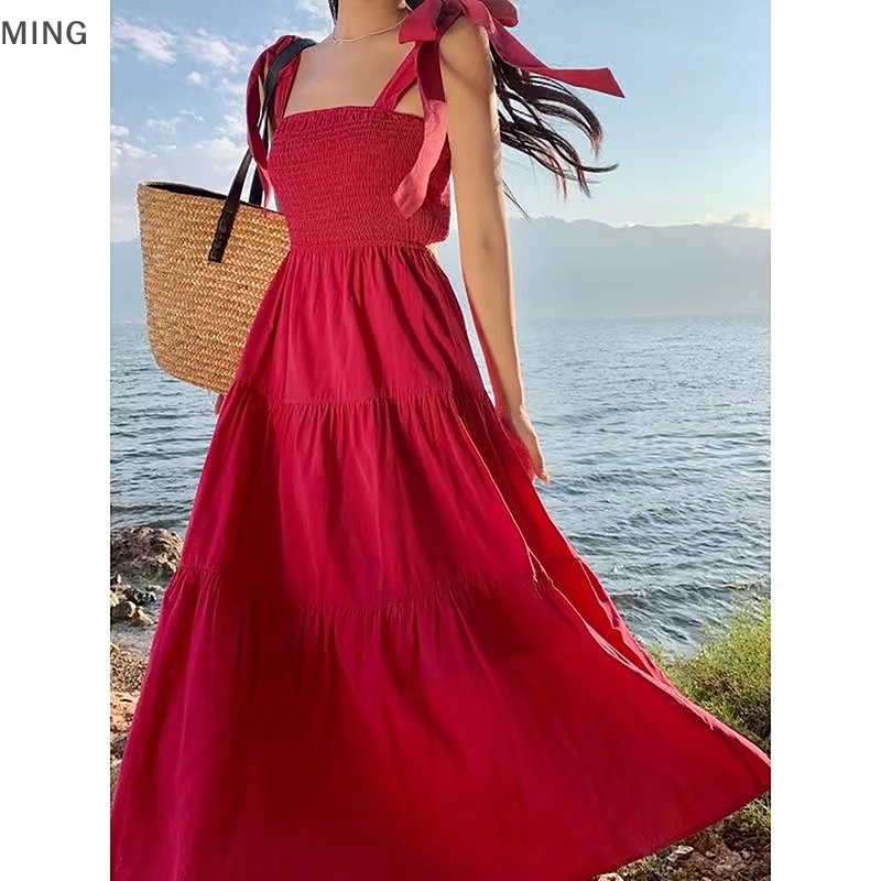 Đầm Hai Dây Dáng Chữ A Hở Lưng Màu Trơn Thời Trang Đi Biển Cho Nữ