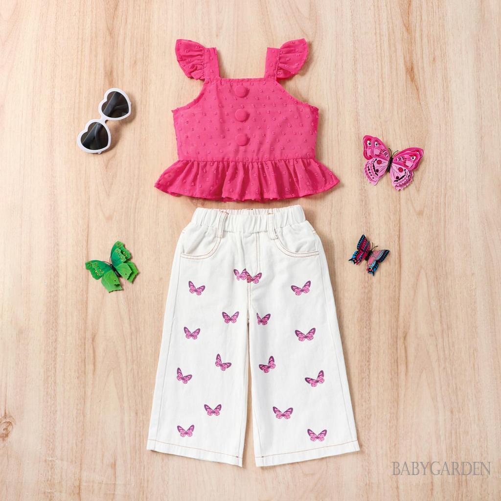 Set Áo Thun Tay Cánh Bướm &amp; Quần Short Trắng Cho Bé Gái 1-6 Tuổi