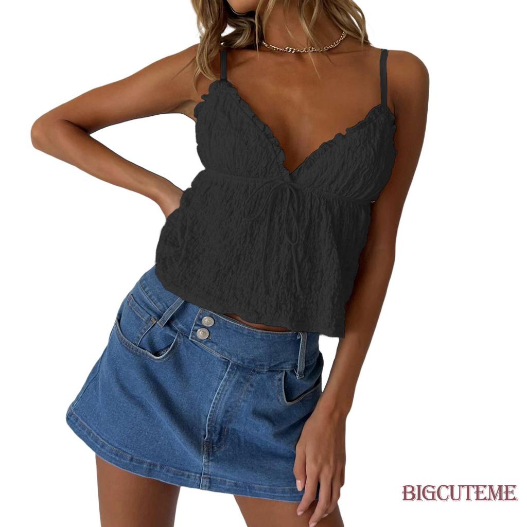 Áo Croptop Sát Nách Cổ Chữ V Nhún Bèo Màu Sắc Đơn Giản Thời Trang Cho Nữ