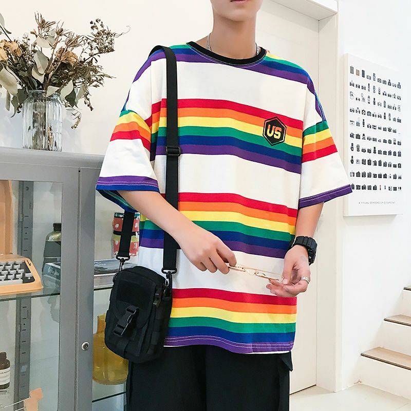 Summer Ins Rainbow Striped Short-Sleeved T-shirt Men and Women Couple Korean Style Fashion Brand Hip Hop Fried Street Loose Half Sleeve Shirt mdk3