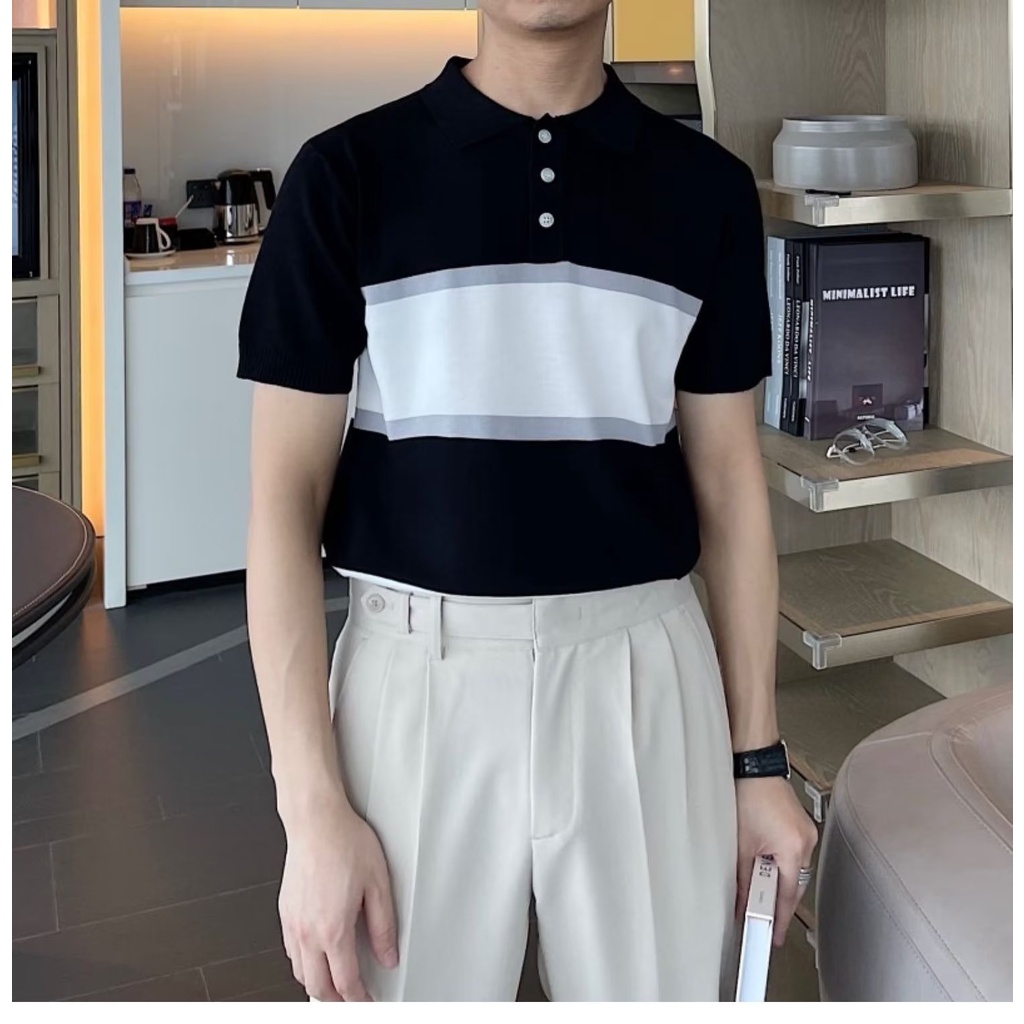 Áo Polo Dệt Kim Tay Ngắn Dáng Rộng Họa Tiết Kẻ Sọc Thời Trang Xuân Hè Nhật Bản Cho Nam