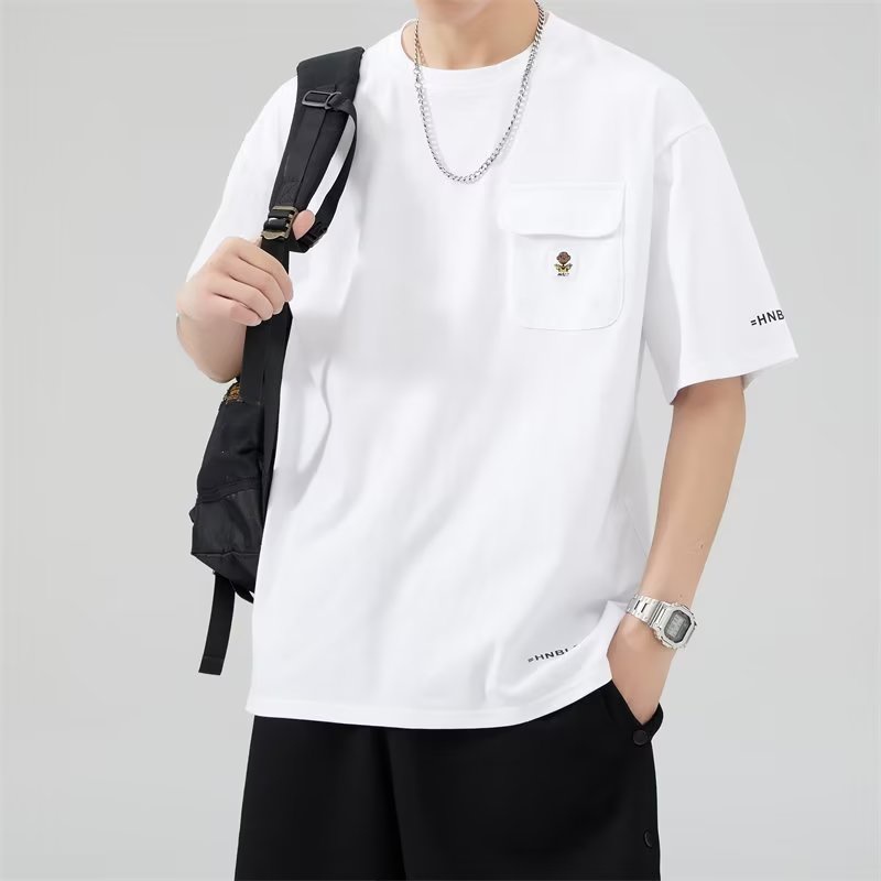 Áo Thun Cotton Ngắn Tay Màu Trơn Phối Túi Thời Trang Đường Phố Mùa Hè Cho Nam