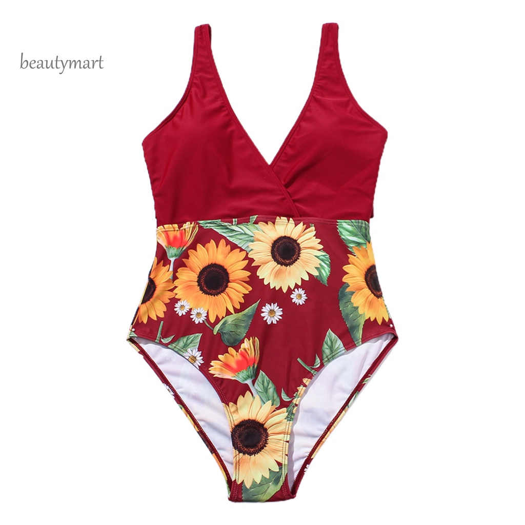 [beautymart] Bộ Đồ Bơi Một Mảnh Cổ Chữ V Khoét Sâu In Họa Tiết Hoa Hướng Dương Quyến Rũ Dành Cho Nữ