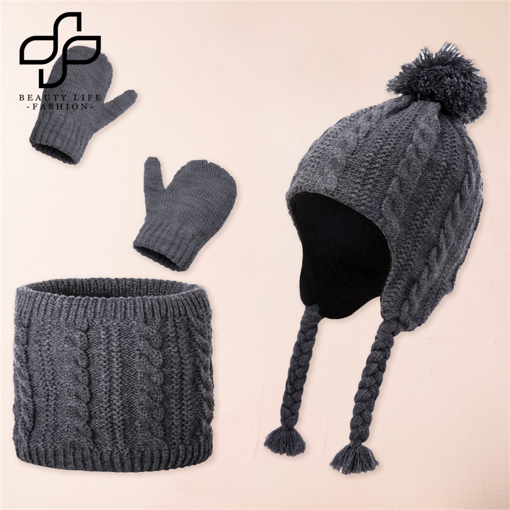 1 Bộ Nón Và Găng Tay Len Dệt Kim Đính Bóng Lông Cho Bé 2-5 Tuổi