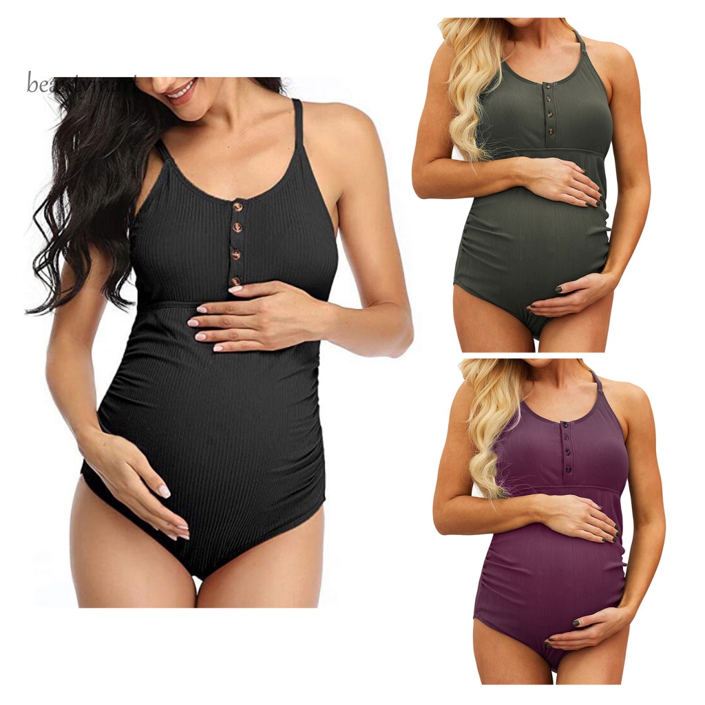 [beautymart] Bộ Đồ Bơi Màu Trơn Co Giãn Hở Lưng Ôm Dáng Cho Phụ Nữ Mang Thai