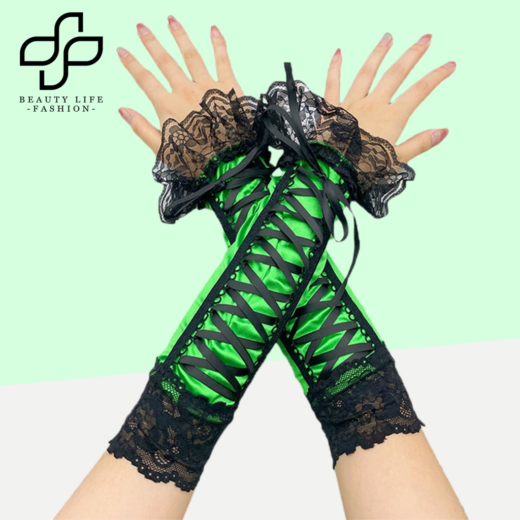 1 Đôi Găng Tay Ren Xuyên Thấu Hở Ngón Thiết Kế Dây Đan Chéo Hóa Trang Halloween