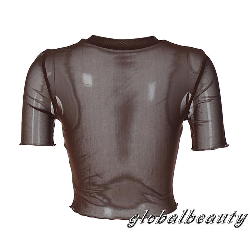 Áo Croptop Tay Ngắn Cổ Tròn Phối Lưới Thêu Chữ Phong Cách Đường Phố Cho Nữ