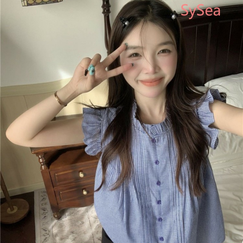 Áo Kiểu Tay Phồng Họa Tiết Sọc Caro Phong Cách Retro Pháp