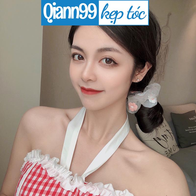 Dây Buộc Tóc Lưới Thêu Hoa Cúc Nhỏ Màu Xanh Dương Dễ Thương Phong Cách Hàn Quốc