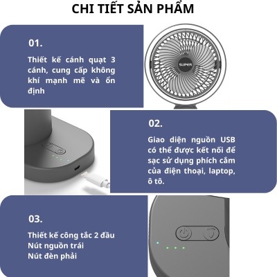 Quạt mini, quạt mini để bàn tích điện SUPER có sạc USB, 3 chức năng làm mát, có đèn LED Đèn Ngủ Ban Đêm Chính Hãng