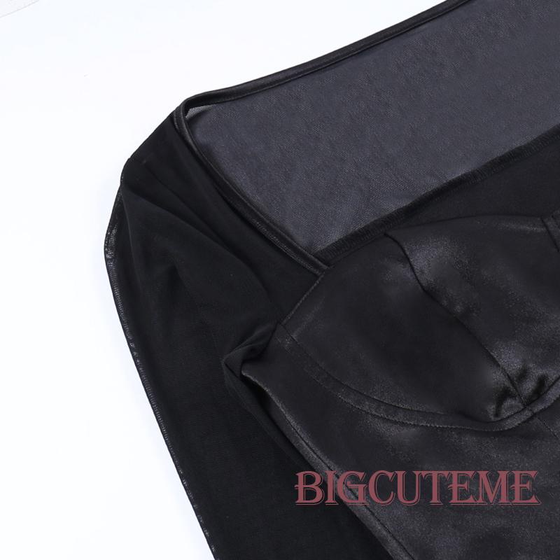 [] Áo Thun Crop Top Tay Dài Loe Phối Lưới Không Đối Xứng Ôm Dáng Vừa Vặn Cho Nữ