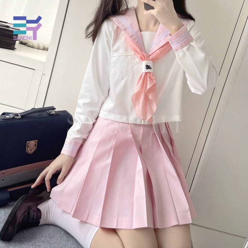 Sanchi Hàng Có Sẵn Bộ Đồng Phục Thủy Thủ Bình Sữa jk Thắt Nơ Hồng Phong Cách Preppy Dễ Thương Cho Nữ