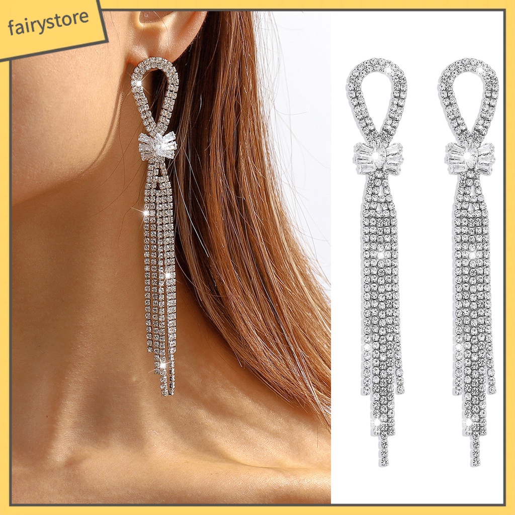 1 Đôi Bông Tai Tua Rua Dài Đính Đá Lấp Lánh Thời Trang