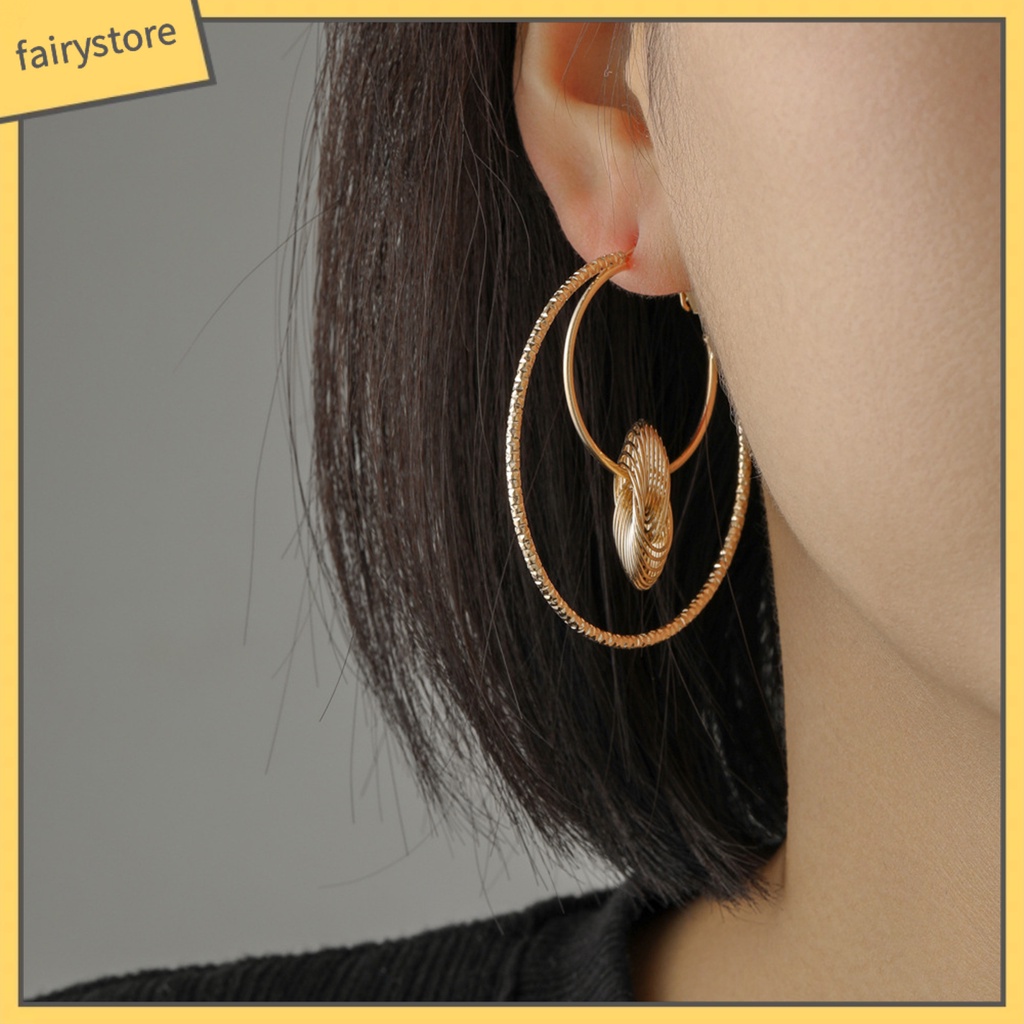 1 Đôi Bông Tai Hình Tròn Hai Lớp Bằng Kim Loại Thời Trang