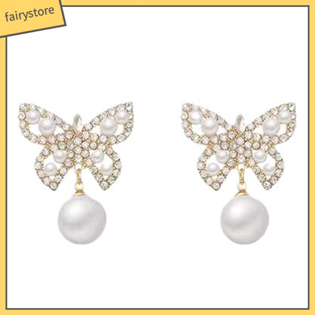 1 Đôi Bông Tai Dáng Dài Hình Bướm Đính Ngọc Trai Giả Phong Cách Pháp Thanh Lịch