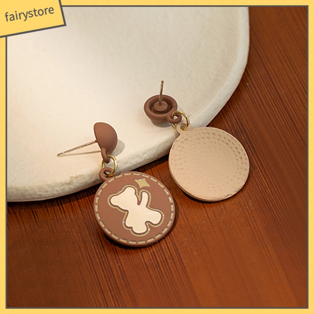 1 Đôi Bông Tai Hình Tròn Họa Tiết Hoa Hồng / Gấu Hoạt Hình Phong Cách Nhật Bản Thời Trang