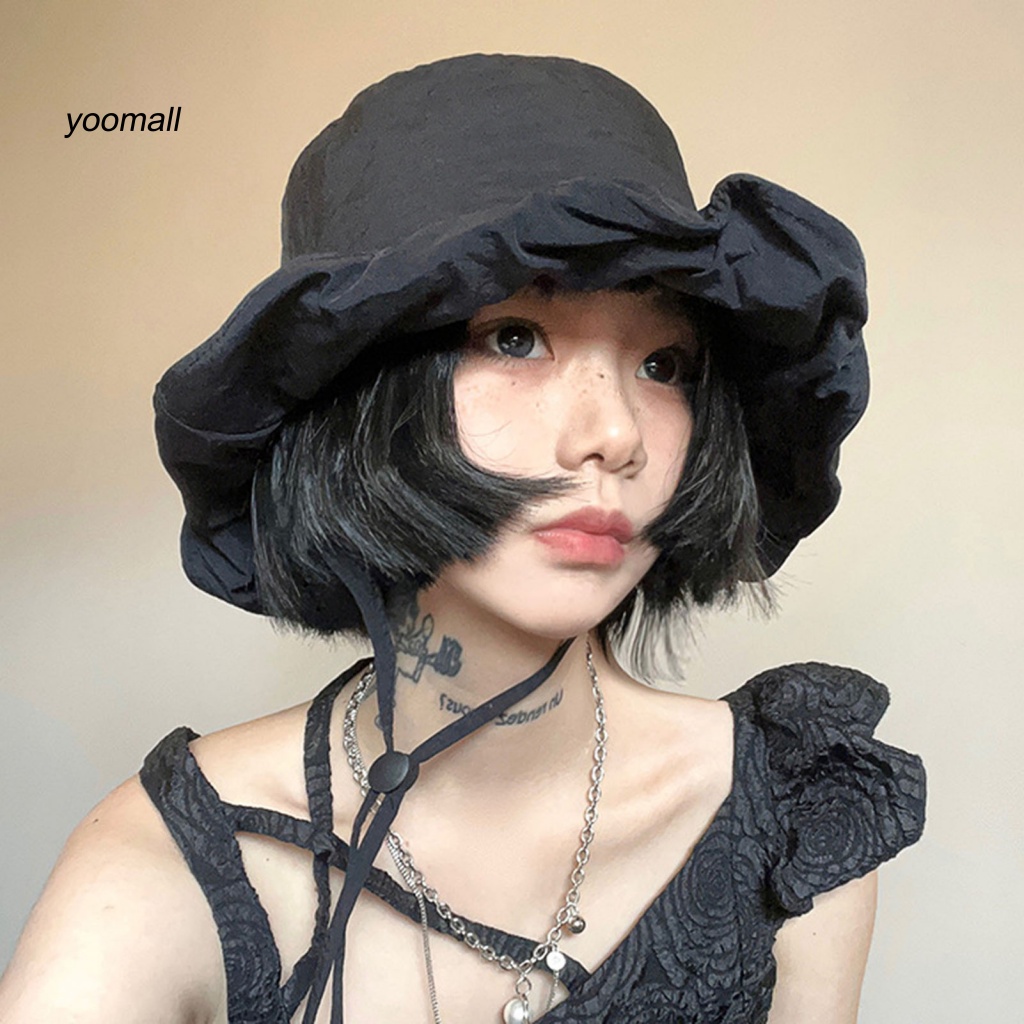 Nón Tai Bèo Mỏng Chống Nắng / Gió Xếp Ly Màu Trơn Thoáng Khí Có Dây Thừng Có Thể Giặt Rửa Cho Nữ