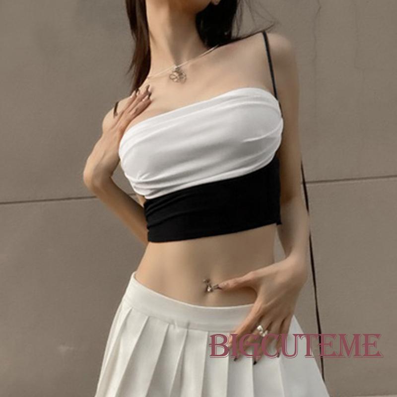 [] - Áo Crop Top Không Tay Ôm Dáng Màu Sắc Tương Phản Buộc Dây Dành Cho Nữ