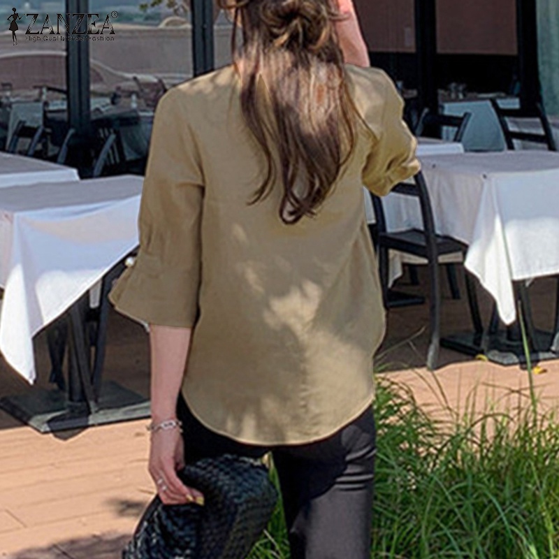 Zanzea Áo Thun Nữ Tay Lửng Cổ Tròn Màu Trơn Phong Cách Hàn Quốc