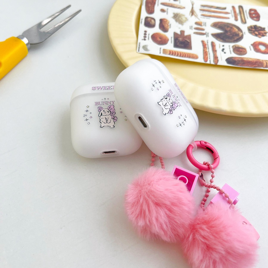 Vỏ Bảo Vệ Hộp Sạc Tai nghe không dây AirPods 1 2 3 Gen Pro2 2022 Bằng TPU Silicone Mềm Trong Suốt Hình Thỏ Phối Banh Lông Màu Hồng