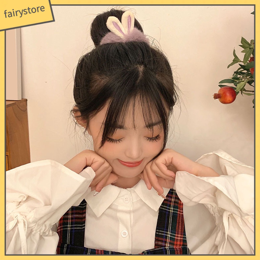 Dây Cột Tóc Tai Thỏ Lông Nhung Mềm Co Giãn Cao Chống Trượt Màu Kẹo Ngọt