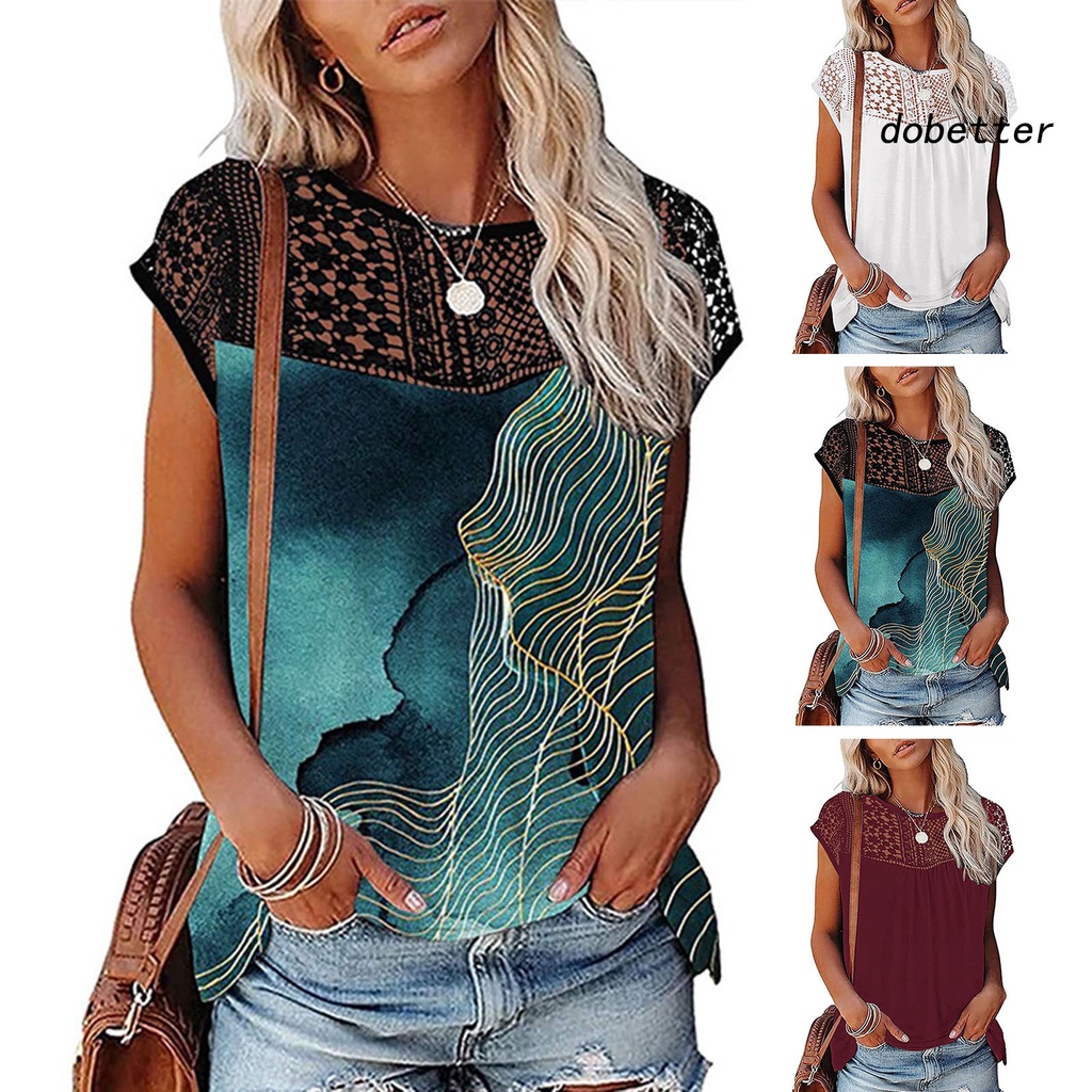 [DO] Áo Thun Tay Ngắn Cổ Tròn Phối Ren Rỗng Màu Trơn In Hình Dating Thời Trang Mùa Hè Dành Cho Bạn Nữ