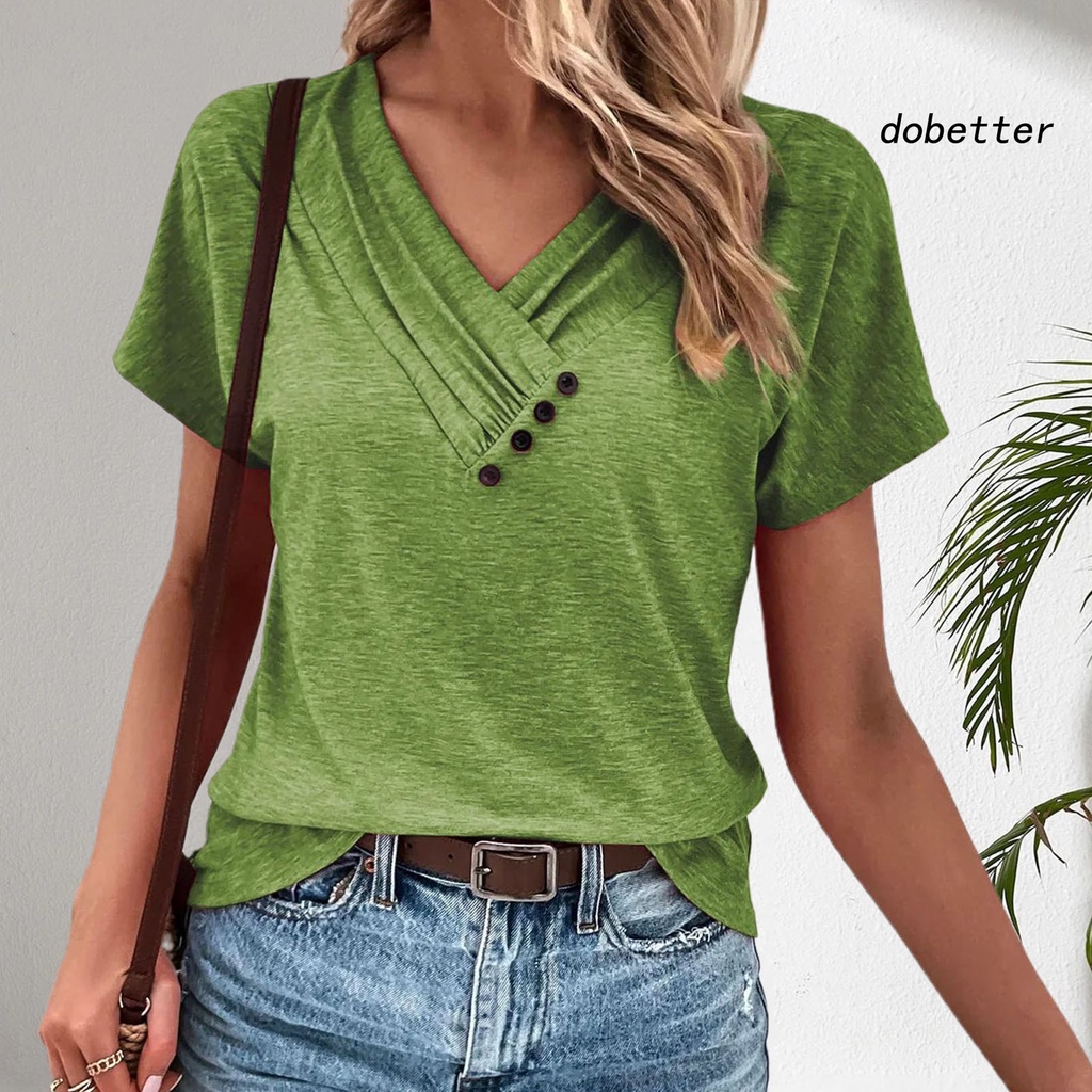[DO] Áo Thun Tay Ngắn Cổ Chữ V Màu Trơn Mềm Mại Thoáng Khí Có Nút Trang Trí Đơn Giản Dành Cho Nữ Mùa Hè