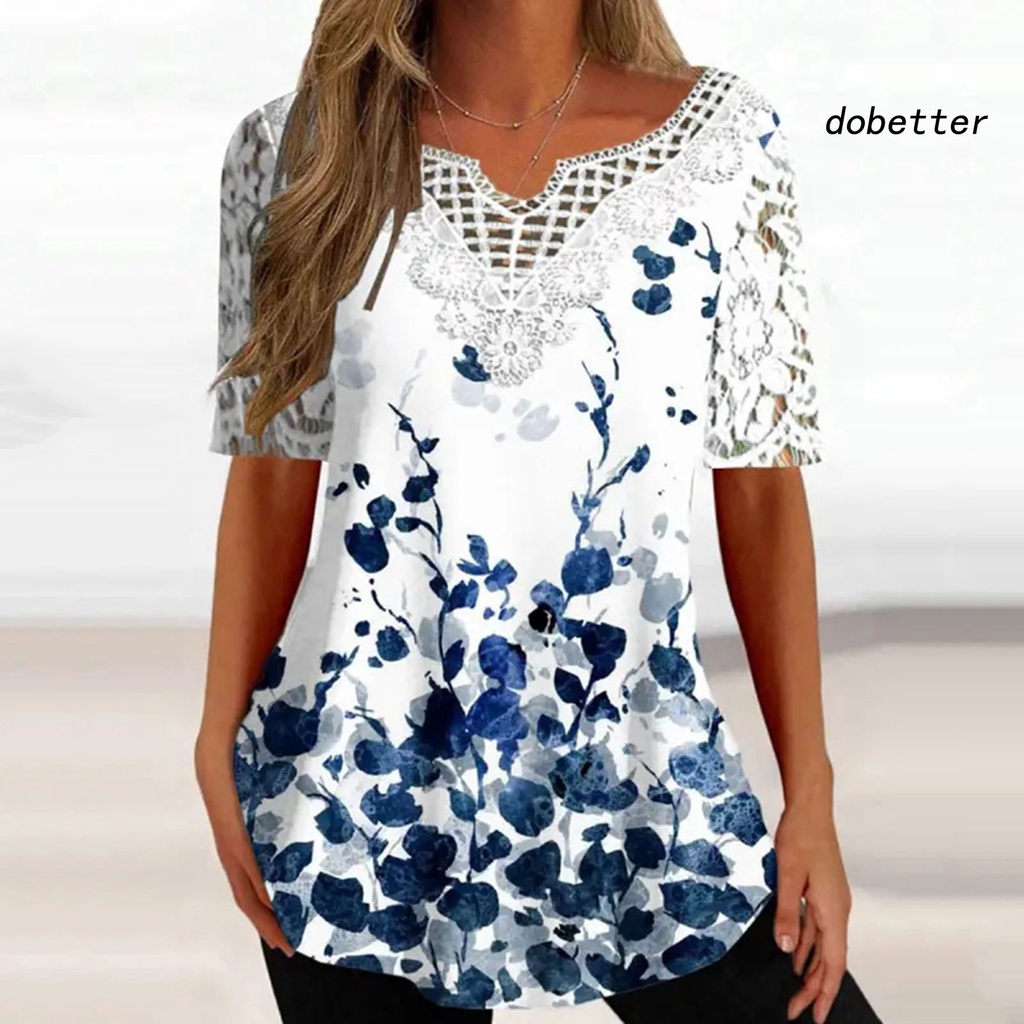 Áo Thun Tay Ngắn Cổ Chữ V Phối Ren Hoa Mỏng Dáng Rộng Co Giãn Thời Trang Đường Phố Cho Nữ
