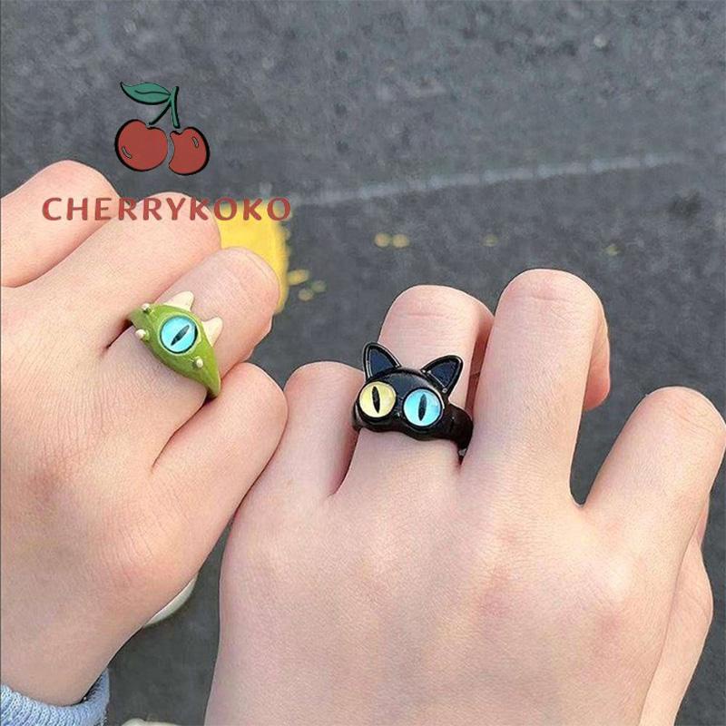 🍒🍒CHERRYKOKO Nhẫn Hình Mèo Đen Mắt To Dễ Thương Vui Nhộn Cho Cặp Đôi
